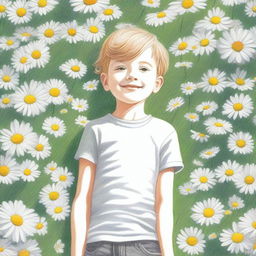 A drawing of a young boy in a garden full of daisies viewed from above