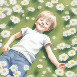 A drawing of a young boy in a garden full of daisies viewed from above