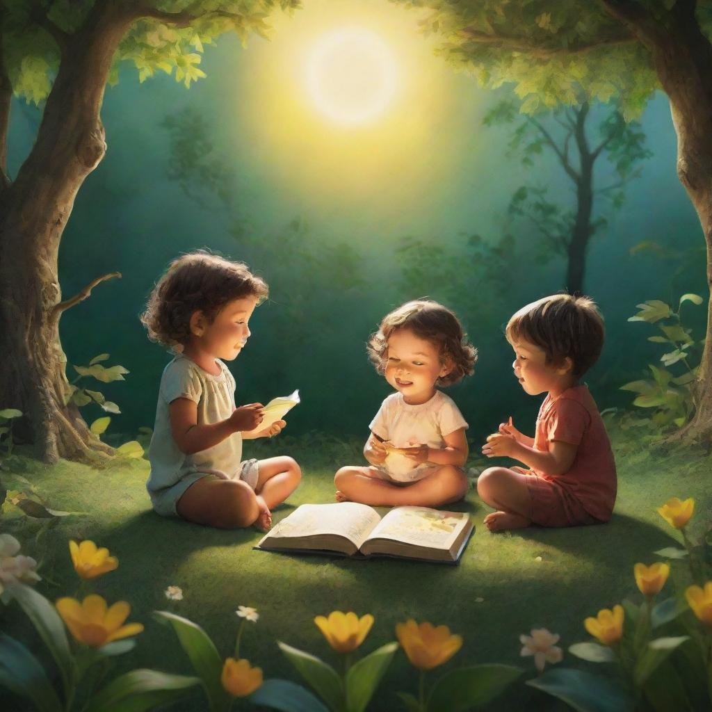 A vivid scene from 'BrightBabyTales' under the glowing sunshine. Paint an animated tableau of children immersed in storytelling, nature around them alive with lush details, and an open picture book adding an enchanting allure.