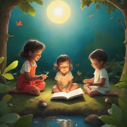 A vivid scene from 'BrightBabyTales' under the glowing sunshine. Paint an animated tableau of children immersed in storytelling, nature around them alive with lush details, and an open picture book adding an enchanting allure.