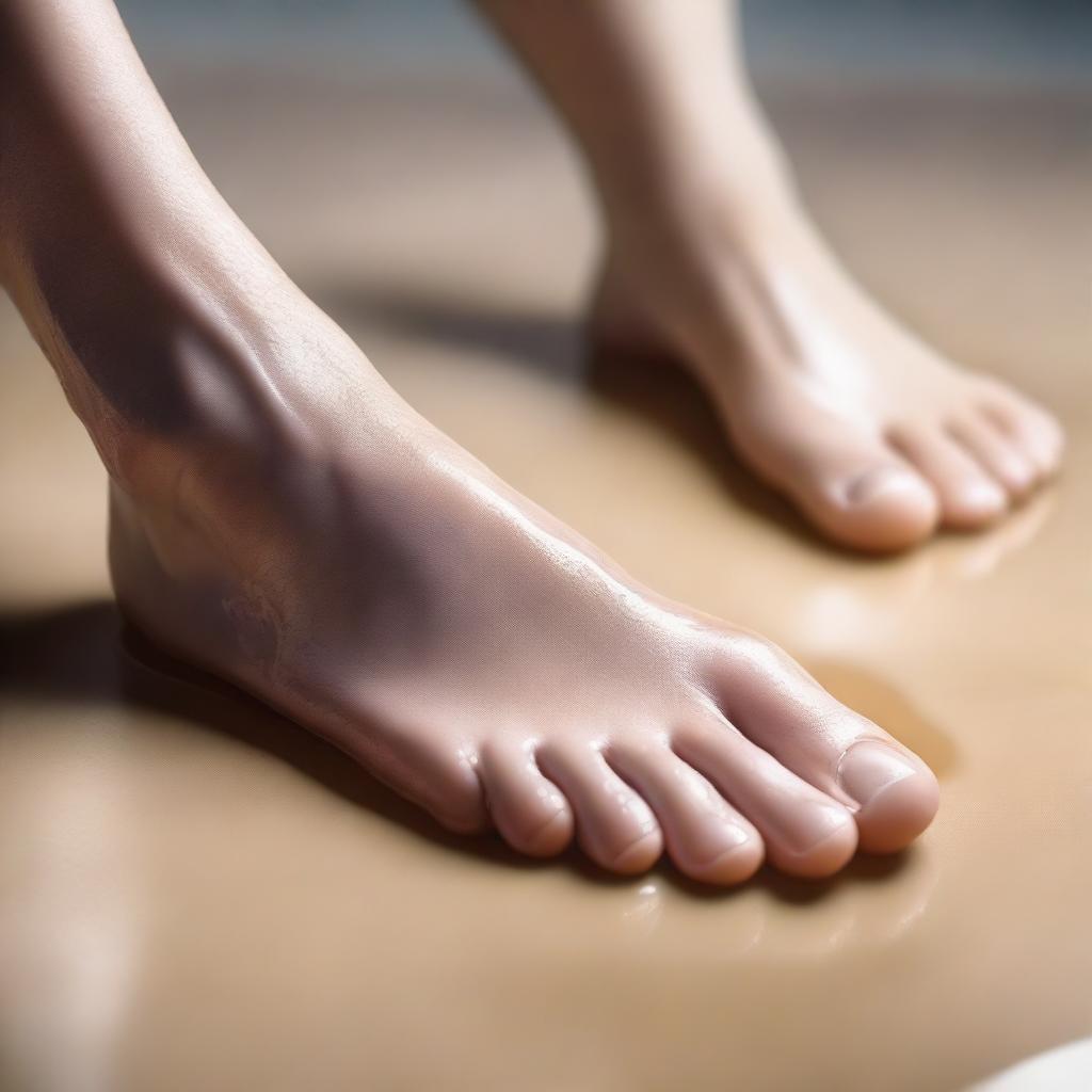 A close-up image of feet with a shiny, oily texture