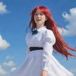 Ilulu, the dragon maiden from Miss Kobayashi's Dragon Maid, standing proudly with her vibrant red hair billowing in the wind.