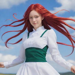 Ilulu, the dragon maiden from Miss Kobayashi's Dragon Maid, standing proudly with her vibrant red hair billowing in the wind.