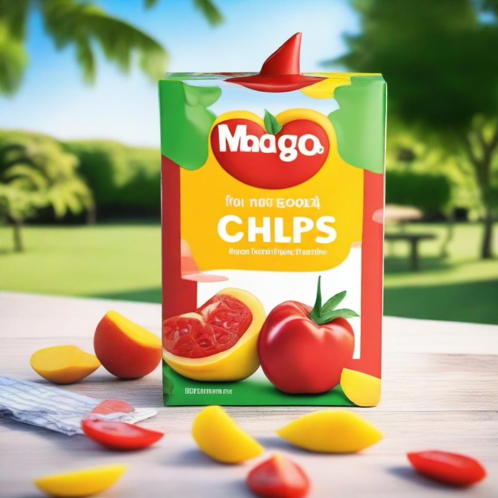 A vibrant image featuring a mango-flavored juice box next to a packet of tomato chips