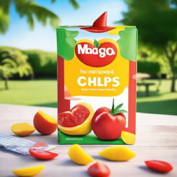 A vibrant image featuring a mango-flavored juice box next to a packet of tomato chips