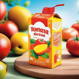 A vibrant image featuring a mango-flavored juice box next to a packet of tomato chips