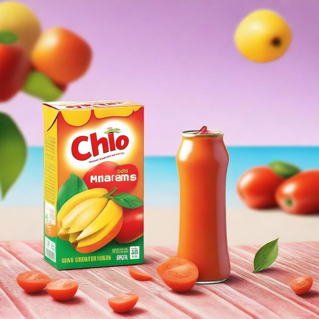 A vibrant image featuring a mango-flavored juice box next to a packet of tomato chips