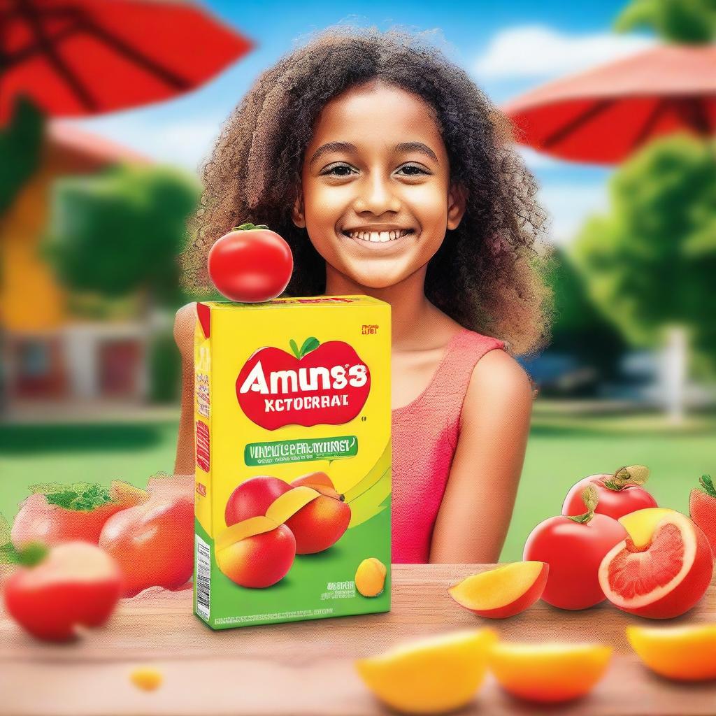 A vibrant image featuring a girl holding a mango-flavored juice box in one hand and a packet of tomato chips in the other