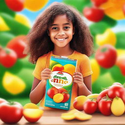 A vibrant image featuring a girl holding a mango-flavored juice box in one hand and a packet of tomato chips in the other