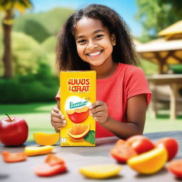 A vibrant image featuring a girl holding a mango-flavored juice box in one hand and a packet of tomato chips in the other