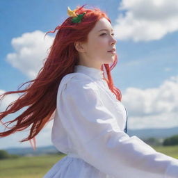 Ilulu, the dragon maiden from Miss Kobayashi's Dragon Maid, standing proudly with her vibrant red hair billowing in the wind.
