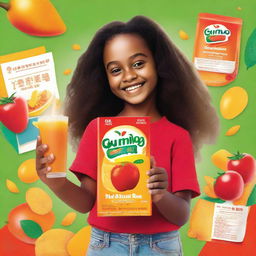 A vibrant image featuring a girl holding a mango-flavored juice box in one hand and a packet of tomato chips in the other