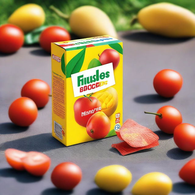 A vibrant image featuring a mango-flavored juice box next to a packet of tomato chips on a school ground