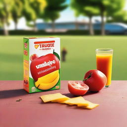 A vibrant image featuring a mango-flavored juice box next to a packet of tomato chips on a school ground