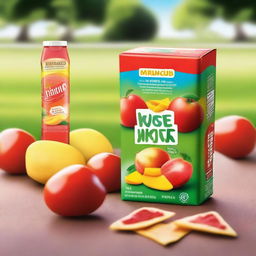 A vibrant image featuring a mango-flavored juice box next to a packet of tomato chips on a school ground