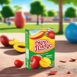 A vibrant image featuring a mango-flavored juice box and a packet of tomato chips on a school ground