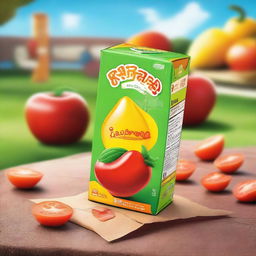 A vibrant image featuring a mango-flavored juice box and a packet of tomato chips on a school ground