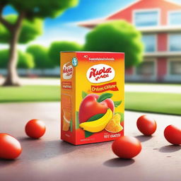 A vibrant image featuring a mango-flavored juice box and a packet of tomato chips on a school ground