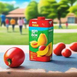 A vibrant image featuring a mango-flavored juice box and a packet of tomato chips on a school ground