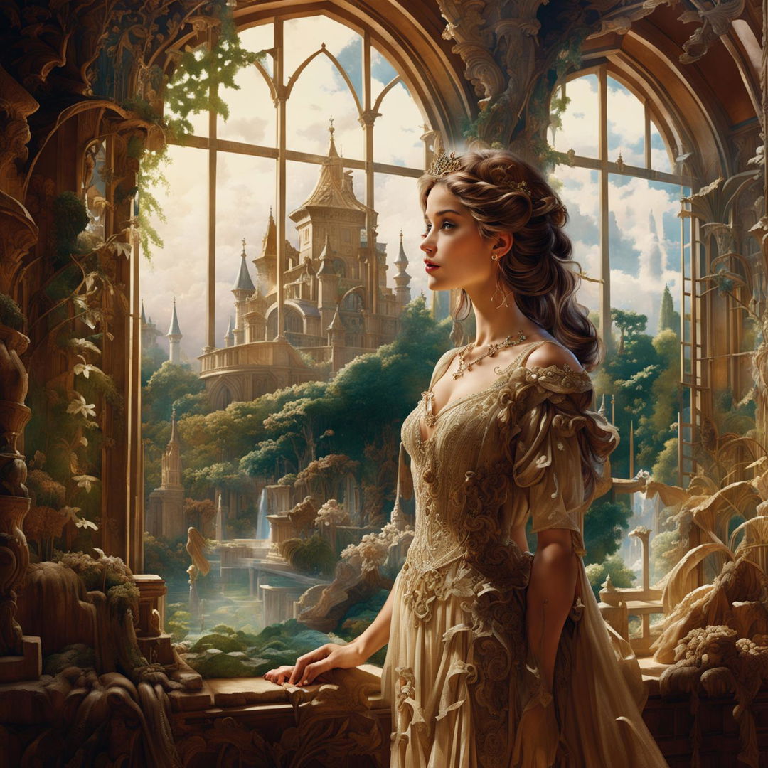 A beautiful princess stands in the grand hall of an ancient castle, dressed in an elegant gown and tiara, surrounded by intricate stone carvings and grand chandeliers, gazing out of a large, arched window