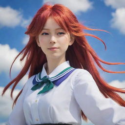 Ilulu, the dragon maiden from Miss Kobayashi's Dragon Maid, standing proudly with her vibrant red hair billowing in the wind.