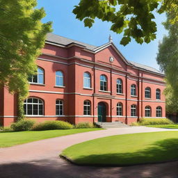 A picturesque school building made of red bricks, with large windows and a classic architectural design