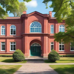 A picturesque school building made of red bricks, with large windows and a classic architectural design