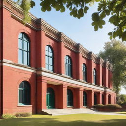 A picturesque school building made of red bricks, with large windows and a classic architectural design