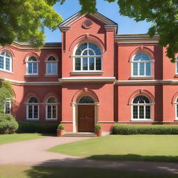 A picturesque school building made of red bricks, with large windows and a classic architectural design