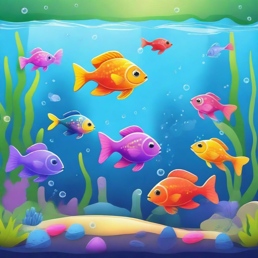 A vibrant cartoon scene featuring various colorful fish swimming in a beautifully decorated aquarium