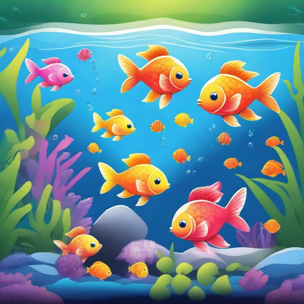 A vibrant cartoon scene featuring various colorful fish swimming in a beautifully decorated aquarium