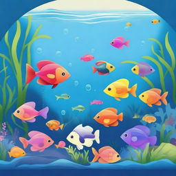 A vibrant cartoon scene featuring various colorful fish swimming in a beautifully decorated aquarium