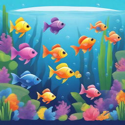 A vibrant cartoon scene featuring various colorful fish swimming in a beautifully decorated aquarium