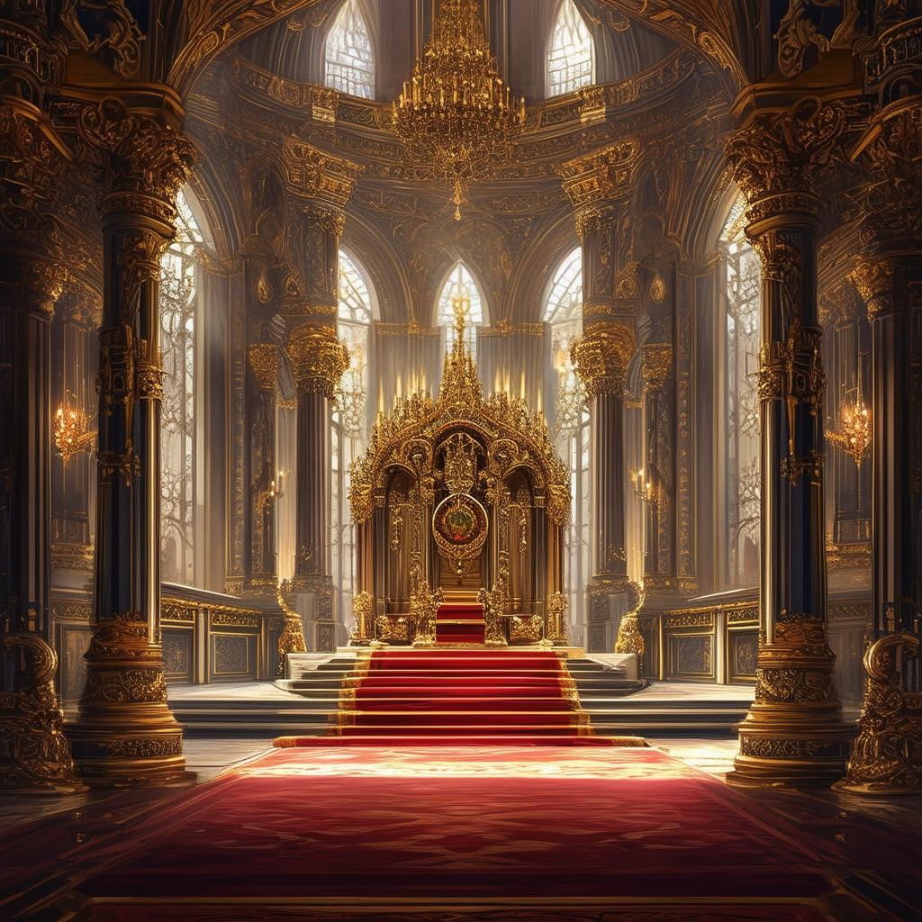 A detailed digital painting of a grand and majestic royal throne room for a fantasy novel cover, featuring opulent decorations, dramatic lighting, and a sense of grandeur and history