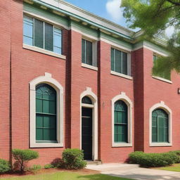 A red brick school building with large windows and a classic architectural design