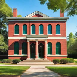 A red brick school building with large windows and a classic architectural design