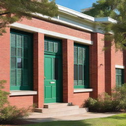 A red brick school building with large windows and a classic architectural design