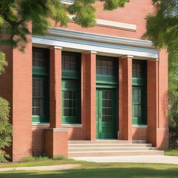 A red brick school building with large windows and a classic architectural design