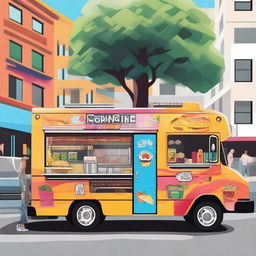 A vibrant and colorful food truck parked on a busy street, with people lining up to order delicious street food