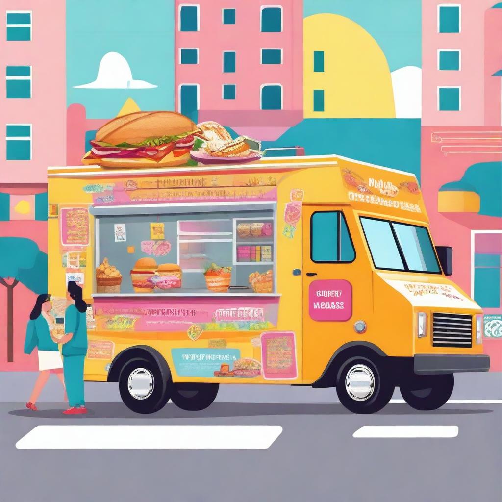 A vibrant food truck parked on a busy street, surrounded by people enjoying various types of street food
