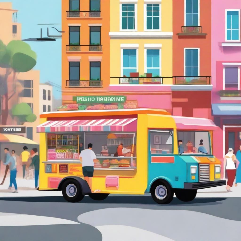 A vibrant food truck parked on a busy street, surrounded by people enjoying various types of street food