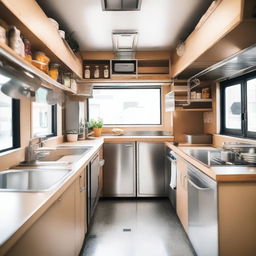 The interior design of a food truck, showing a well-organized and clean kitchen space