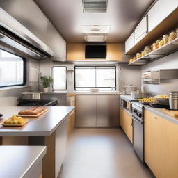 The interior design of a food truck, showing a well-organized and clean kitchen space