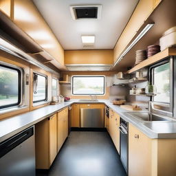 The interior design of a food truck, showing a well-organized and clean kitchen space