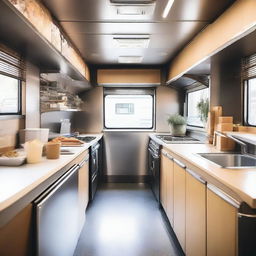 The interior design of a food truck, showing a well-organized and clean kitchen space