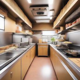 The interior design of a food truck specifically for a business selling mie pangsit