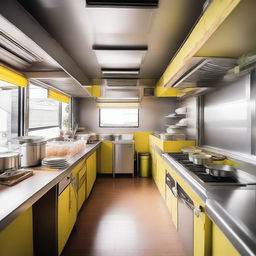 The interior design of a food truck specifically for a business selling mie pangsit