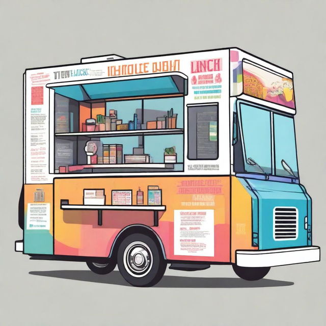 A graphic design of a food truck, showcasing its exterior and interior layout in a detailed and artistic manner