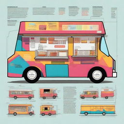 A graphic design of a food truck, showcasing its exterior and interior layout in a detailed and artistic manner