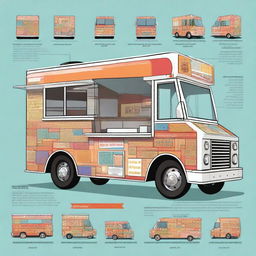 A graphic design of a food truck, showcasing its exterior and interior layout in a detailed and artistic manner